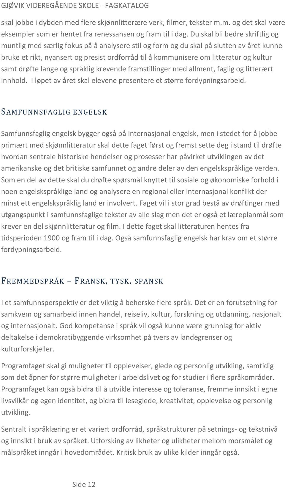 kultur samt drøfte lange og språklig krevende framstillinger med allment, faglig og litterært innhold. I løpet av året skal elevene presentere et større fordypningsarbeid.