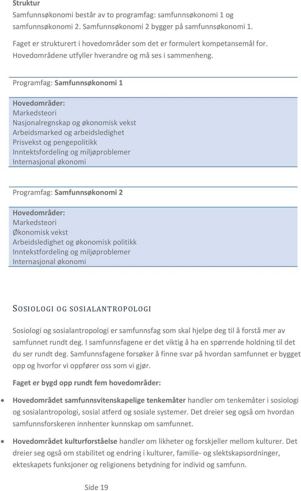 Programfag: Samfunnsøkonomi 1 Hovedområder: Markedsteori Nasjonalregnskap og økonomisk vekst Arbeidsmarked og arbeidsledighet Prisvekst og pengepolitikk Inntektsfordeling og miljøproblemer