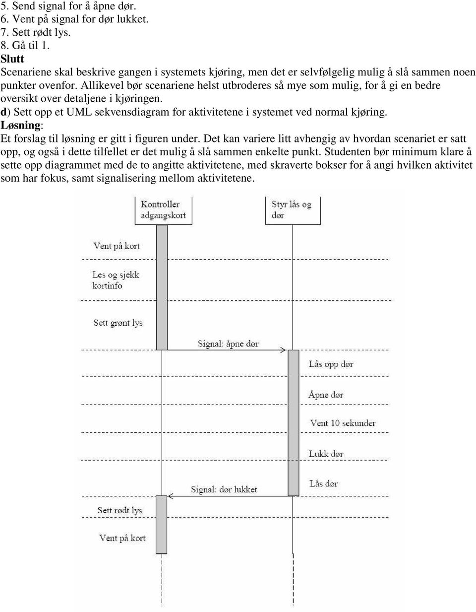 Allikevel bør scenariene helst utbroderes så mye som mulig, for å gi en bedre oversikt over detaljene i kjøringen. d) Sett opp et UML sekvensdiagram for aktivitetene i systemet ved normal kjøring.