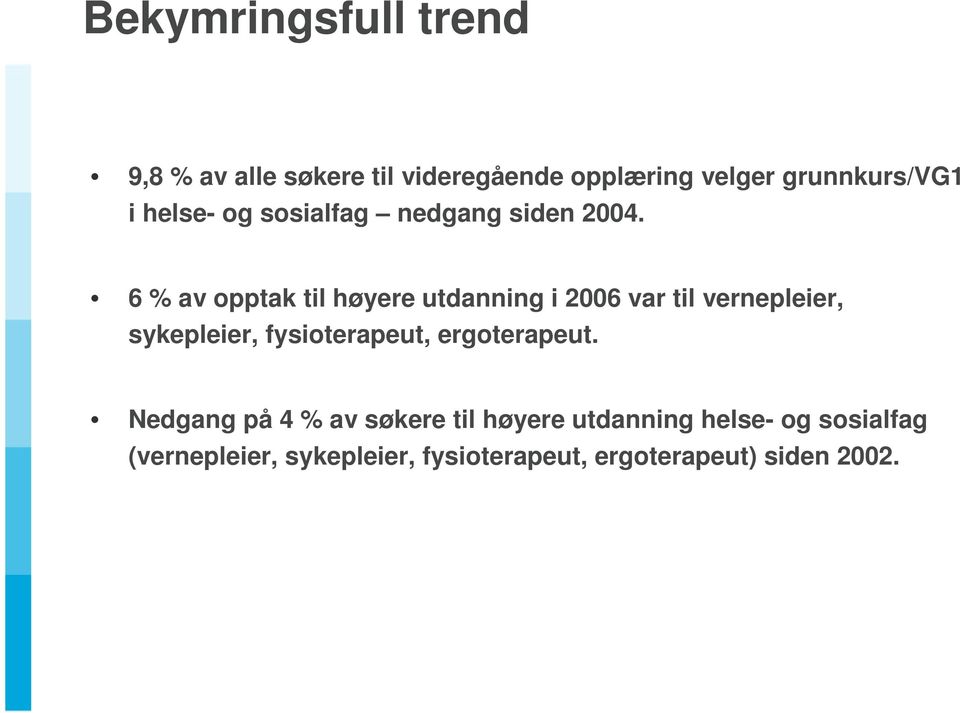 6 % av opptak til høyere utdanning i 2006 var til vernepleier, sykepleier, fysioterapeut,