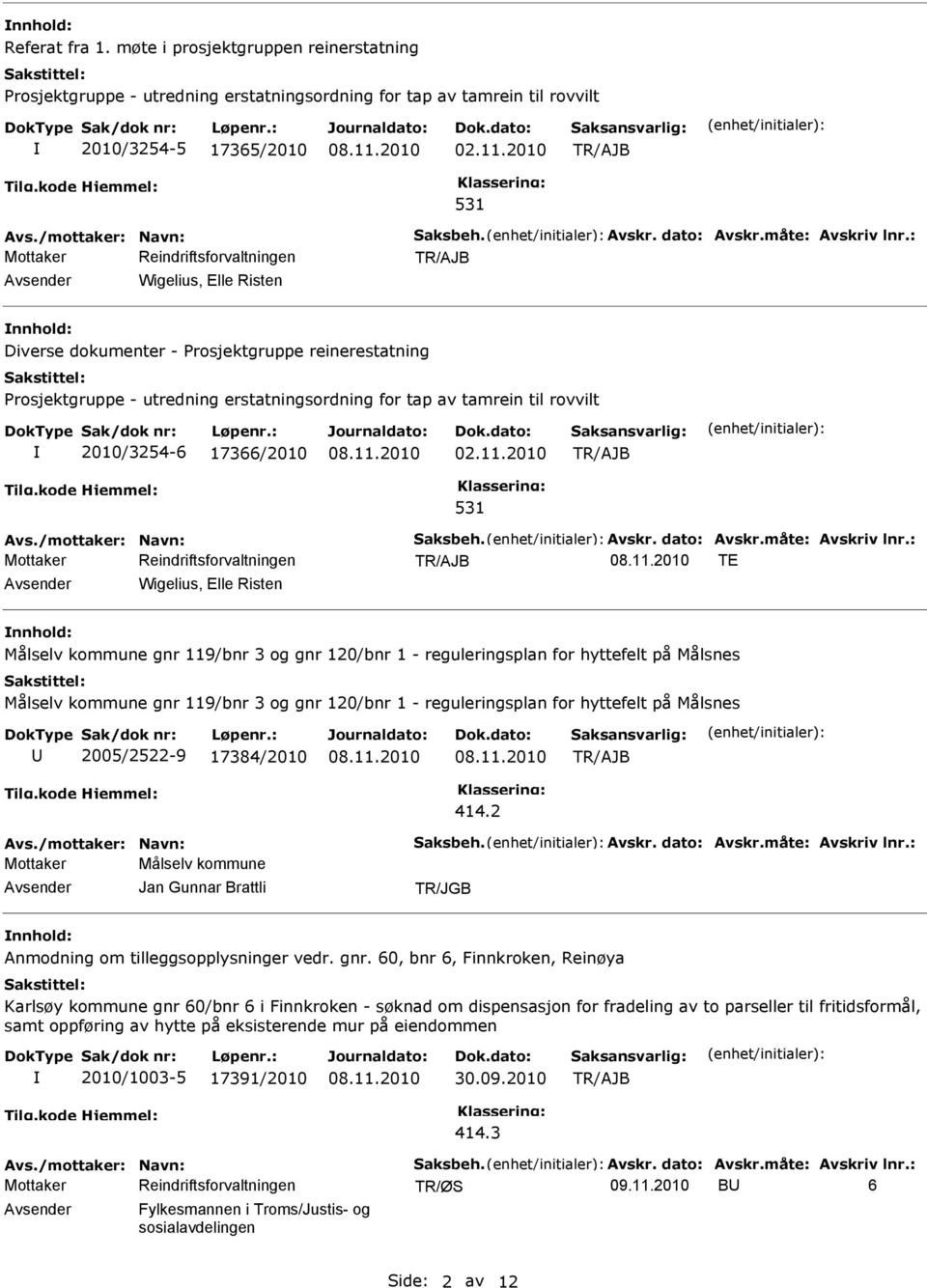 : Wigelius, Elle Risten Diverse dokumenter - Prosjektgruppe reinerestatning Prosjektgruppe - utredning erstatningsordning for tap av tamrein til rovvilt 2010/3254-6 17366/2010 02.11.2010 531 Avs.