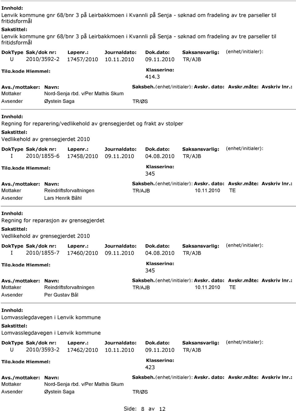 v/per Mathis Skum Regning for reparering/vedlikehold av grensegjerdet og frakt av stolper Vedlikehold av grensegjerdet 2010 2010/1855-6 17458/2010 04.08.2010 345 Avs./mottaker: Navn: Saksbeh. Avskr.