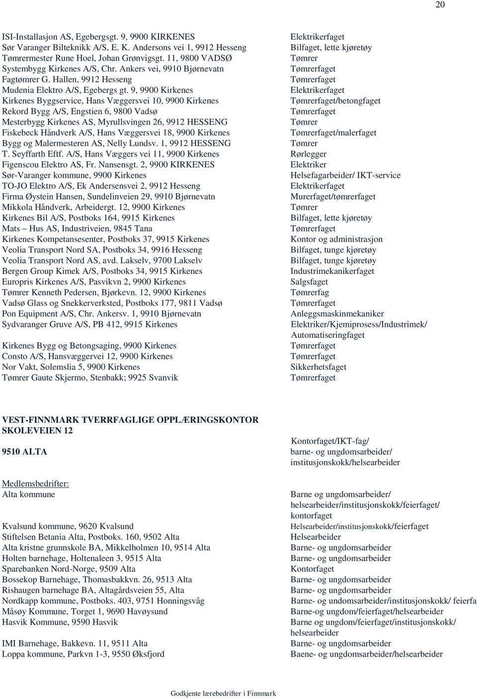 9, 9900 Kirkenes Kirkenes Byggservice, Hans Væggersvei 10, 9900 Kirkenes /betongfaget Rekord Bygg A/S, Engstien 6, 9800 Vadsø Mesterbygg Kirkenes AS, Myrullsvingen 26, 9912 HESSENG Tømrer Fiskebeck