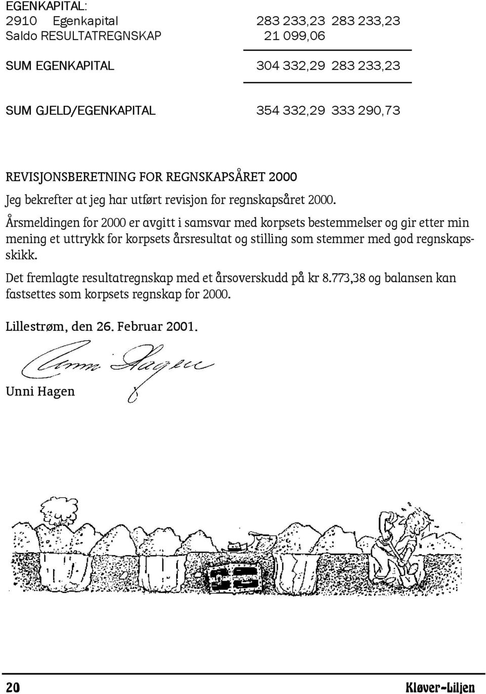 Årsmeldingen for 2000 er avgitt i samsvar med korpsets bestemmelser og gir etter min mening et uttrykk for korpsets årsresultat og stilling som stemmer med