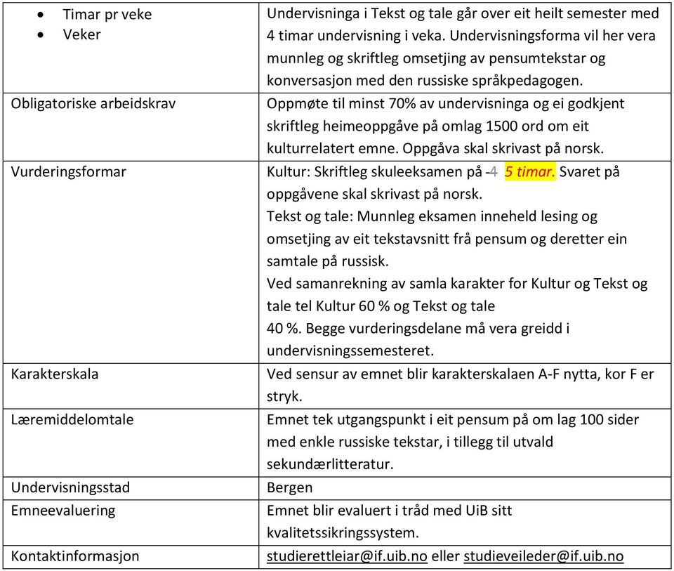 Oppmøte til minst 70% av undervisninga og ei godkjent skriftleg heimeoppgåve på omlag 1500 ord om eit kulturrelatert emne. Oppgåva skal skrivast på norsk. Kultur: Skriftleg skuleeksamen på 4 5 timar.