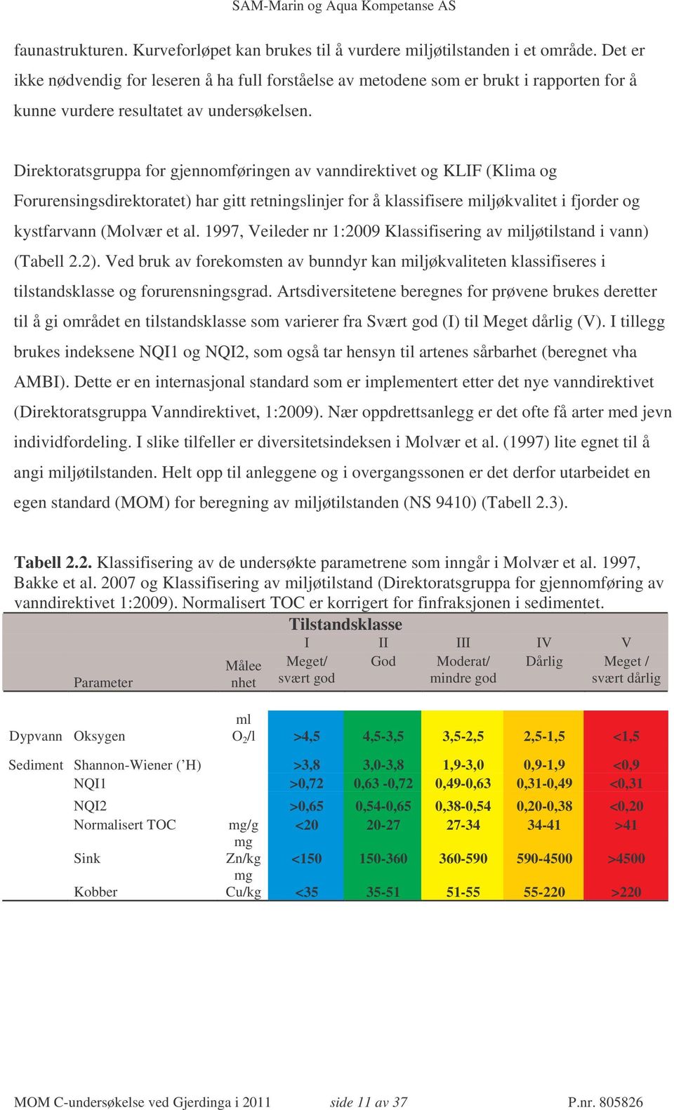 Direktoratsgruppa for gjennomføringen av vanndirektivet og KLIF (Klima og Forurensingsdirektoratet) har gitt retningslinjer for å klassifisere miljøkvalitet i fjorder og kystfarvann (Molvær et al.