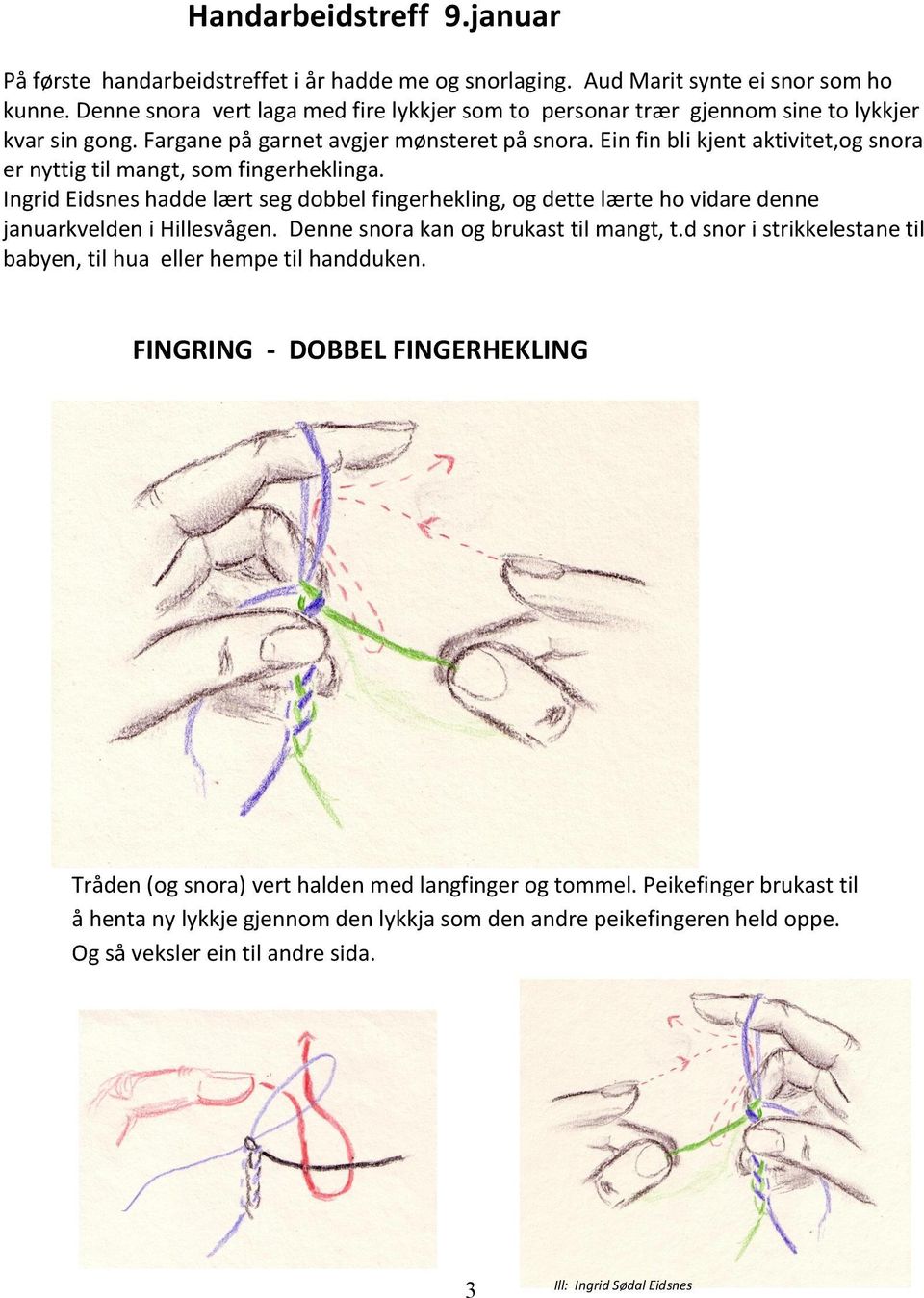 Ein fin bli kjent aktivitet,og snora er nyttig til mangt, som fingerheklinga. Ingrid Eidsnes hadde lært seg dobbel fingerhekling, og dette lærte ho vidare denne januarkvelden i Hillesvågen.