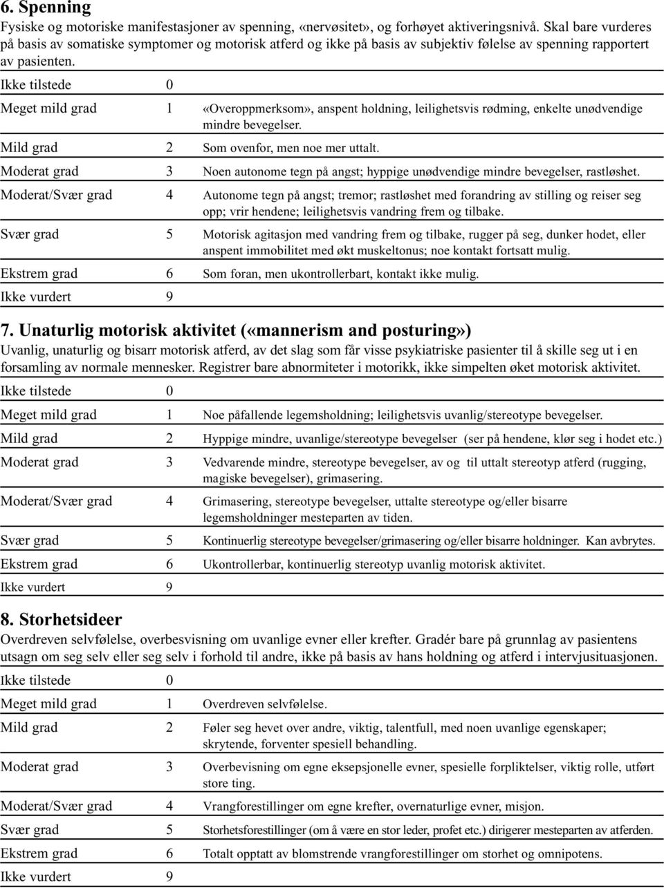 Meget mild grad 1 «Overoppmerksom», anspent holdning, leilighetsvis rødming, enkelte unødvendige mindre bevegelser. Mild grad 2 Som ovenfor, men noe mer uttalt.