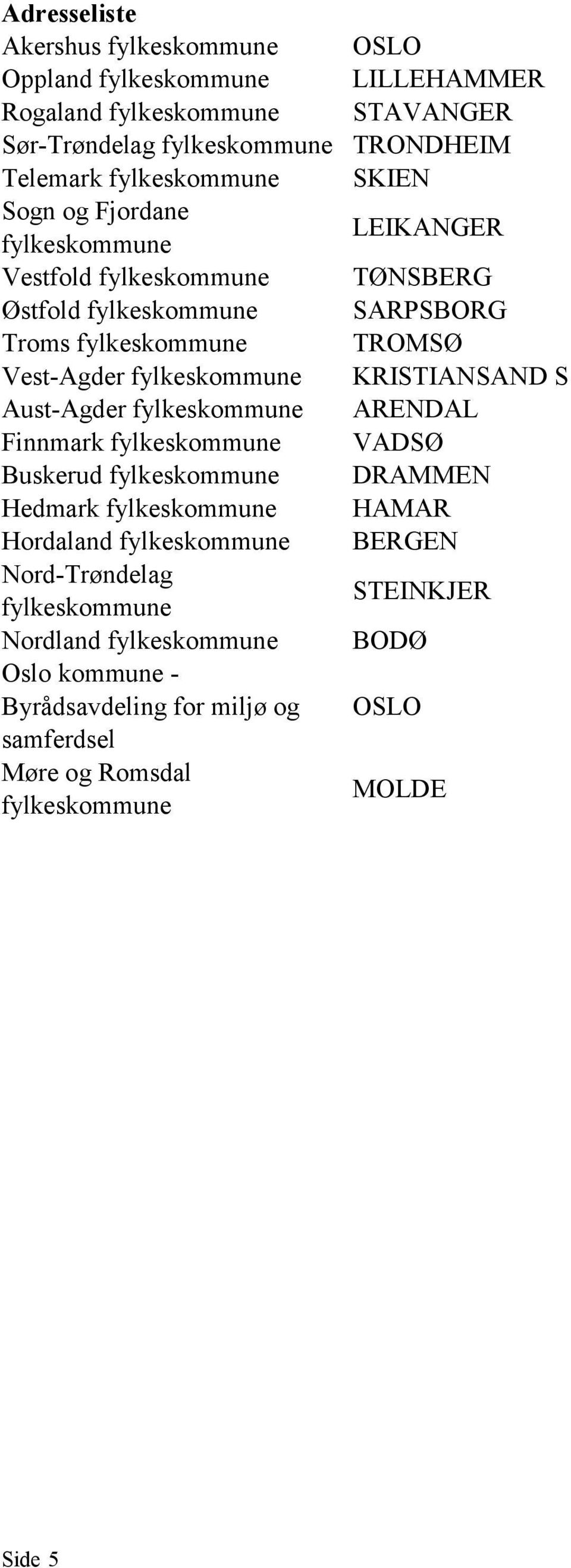 KRISTIANSAND S Aust-Agder ARENDAL Finnmark VADSØ Buskerud DRAMMEN Hedmark HAMAR Hordaland