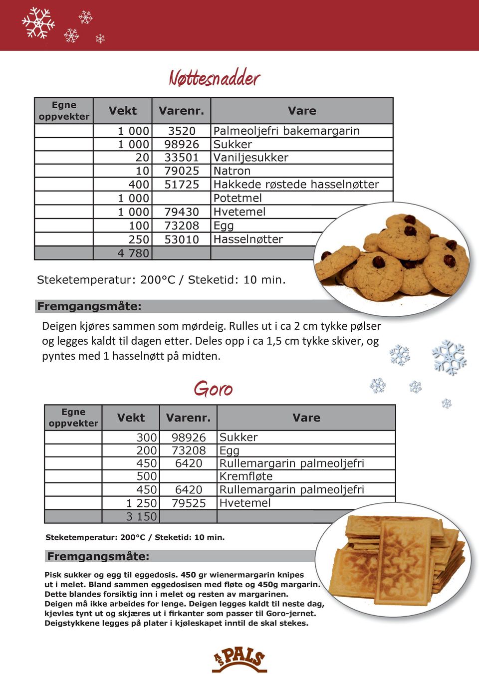 Deigen kjøres sammen som mørdeig. Rulles ut i ca 2 cm tykke pølser og legges kaldt til dagen etter. Deles opp i ca 1,5 cm tykke skiver, og pyntes med 1 hasselnøtt på midten. nr.