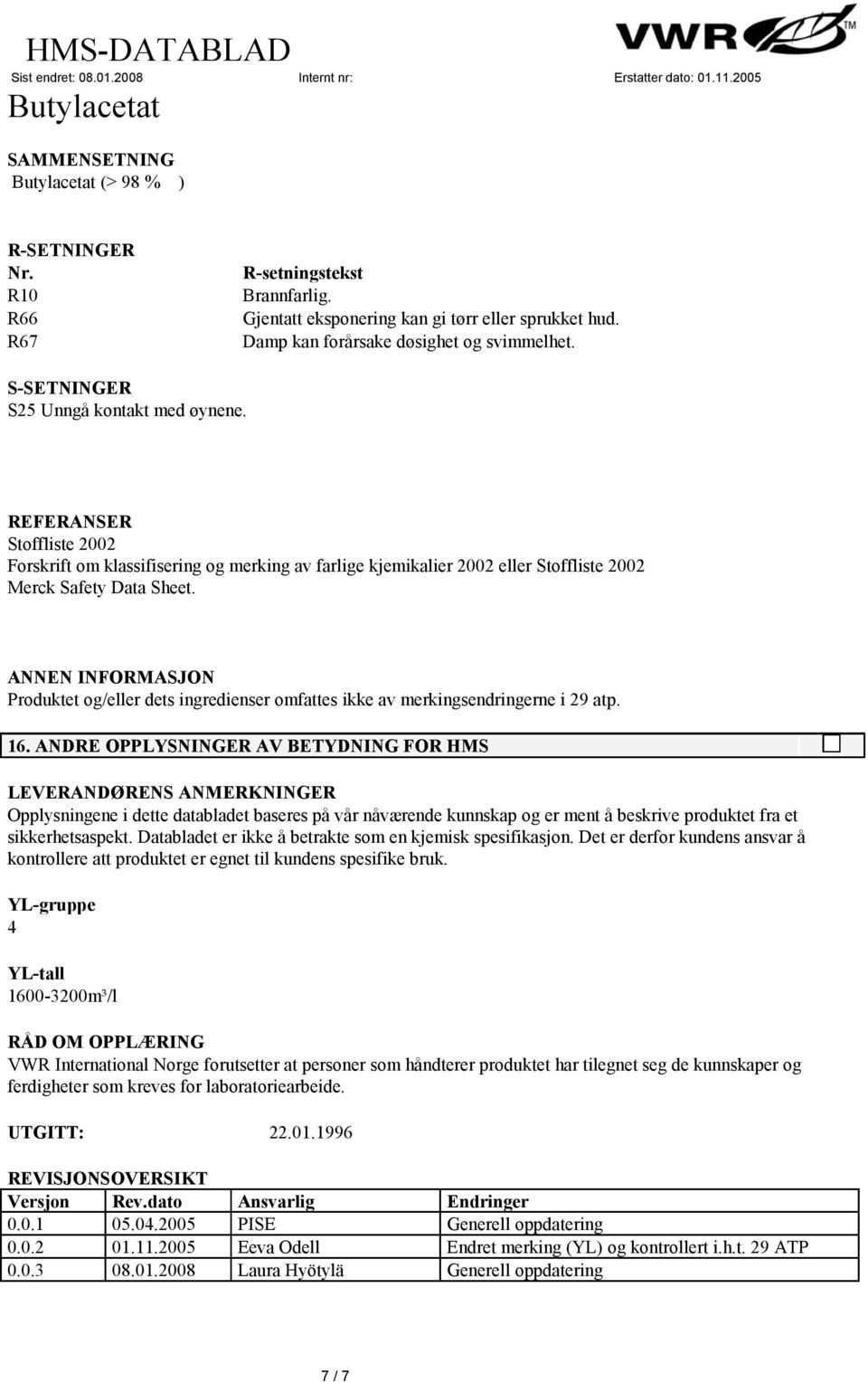 Produktet og/eller dets ingredienser omfattes ikke av merkingsendringerne i 29 atp. 16.