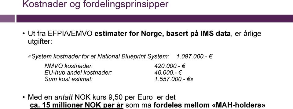 - NMVO kostnader: 420.000.- EU-hub andel kostnader: 40.000.- Sum kost estimat: 1.557.000.-» Med en antatt NOK kurs 9,50 per Euro er det ca.