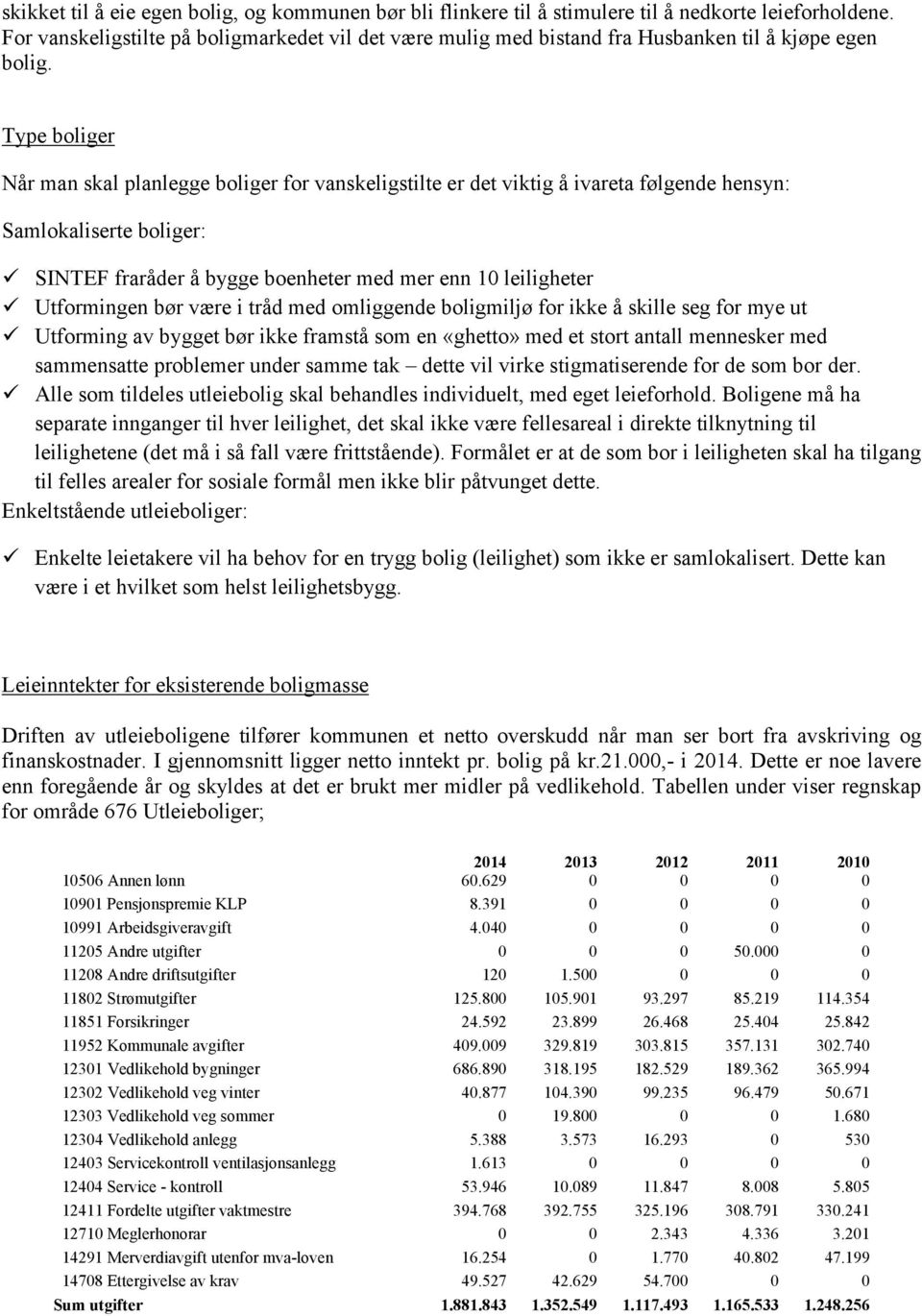 Type boliger Når man skal planlegge boliger for vanskeligstilte er det viktig å ivareta følgende hensyn: Samlokaliserte boliger: SINTEF fraråder å bygge boenheter med mer enn 10 leiligheter