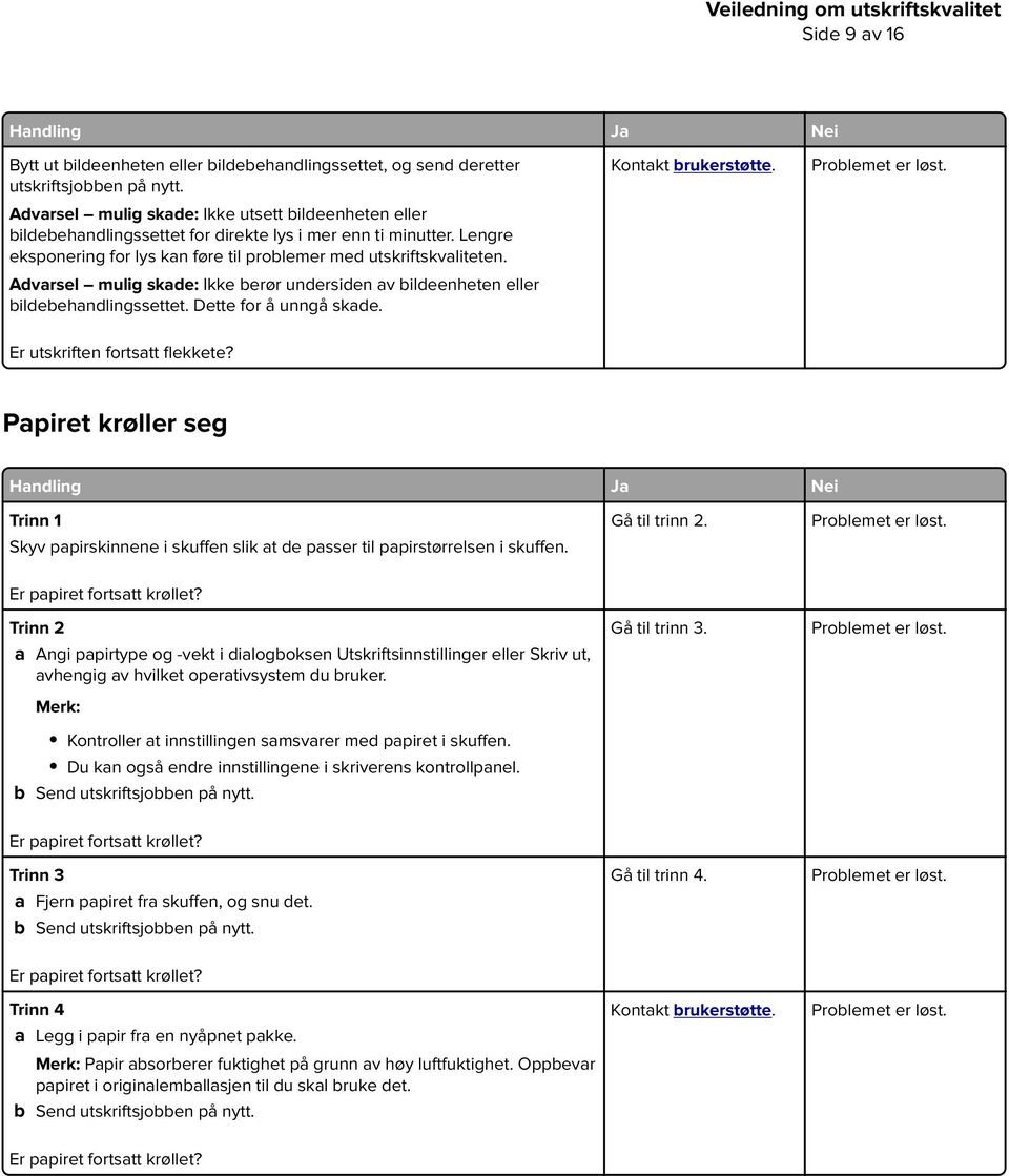 a Angi papirtype og -vekt i dialogboksen Utskriftsinnstillinger eller Skriv ut, Er papiret fortsatt krøllet?