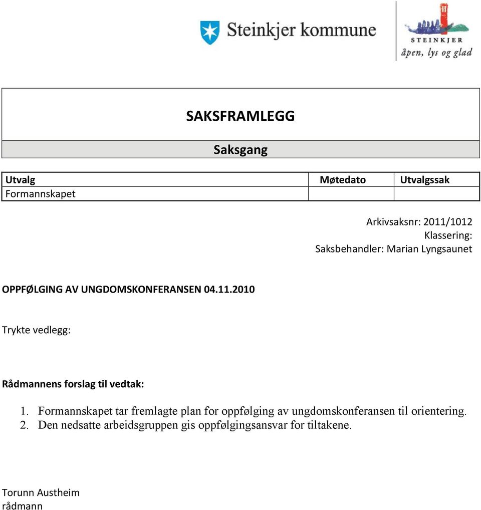 2010 Trykte vedlegg: Rådmannens forslag til vedtak: 1.