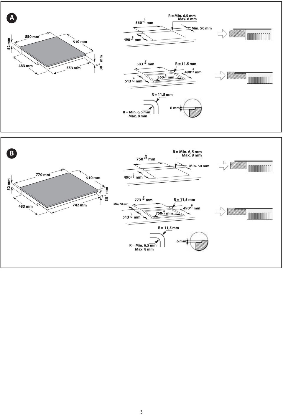 +2 mm R = 11,5 mm R = Min. 6,5 mm Max. 8 mm 6 mm B +2 75 mm R = Min. 6,5 mm Max. 8 mm Min.