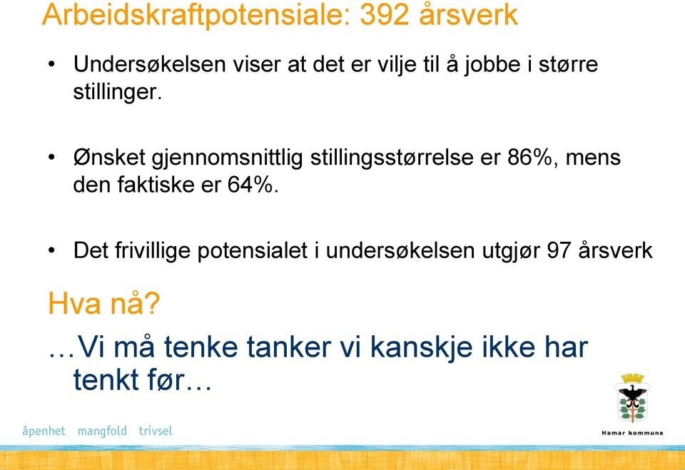 Ønsket gjennomsnittlig stillingsstørrelse er 86%, mens den faktiske er 64%.