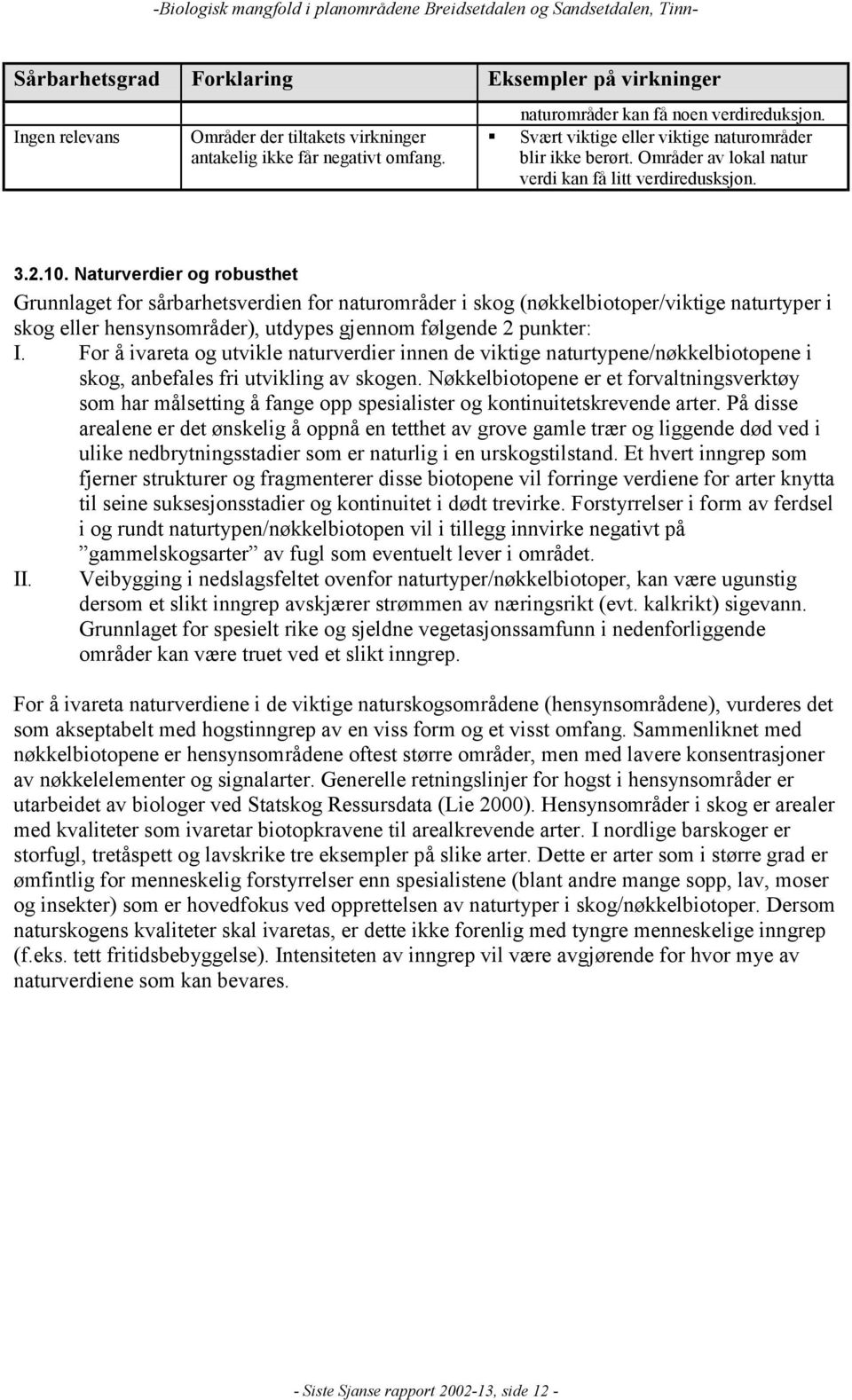 Naturverdier og robusthet Grunnlaget for sårbarhetsverdien for naturområder i skog (nøkkelbiotoper/viktige naturtyper i skog eller hensynsområder), utdypes gjennom følgende 2 punkter: I.