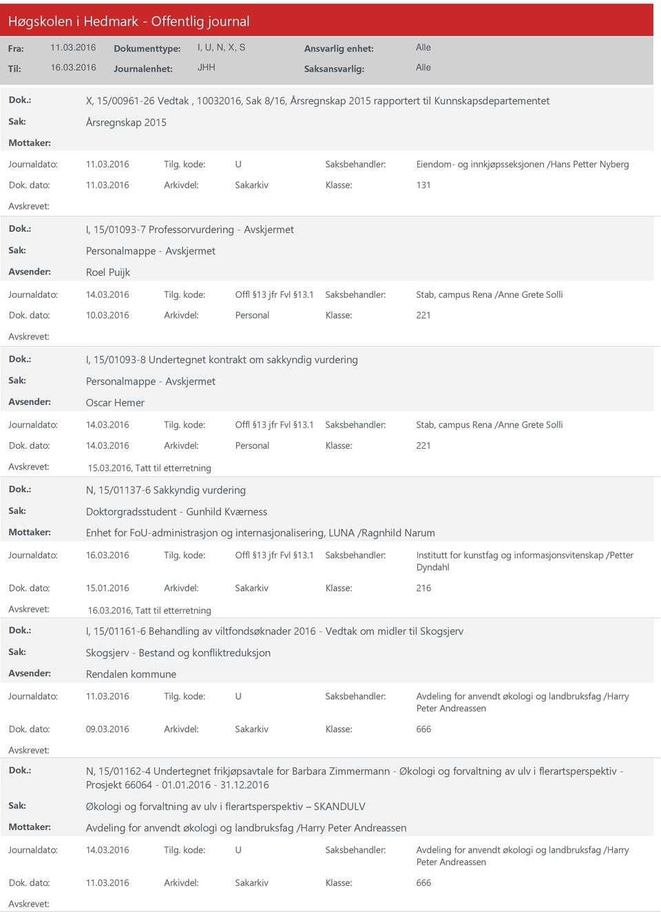 2016 Arkivdel: Personal I, 15/01093-8 ndertegnet kontrakt om sakkyndig vurdering Oscar Hemer Stab, campus Rena /Anne Grete Solli Dok. dato: 14.03.