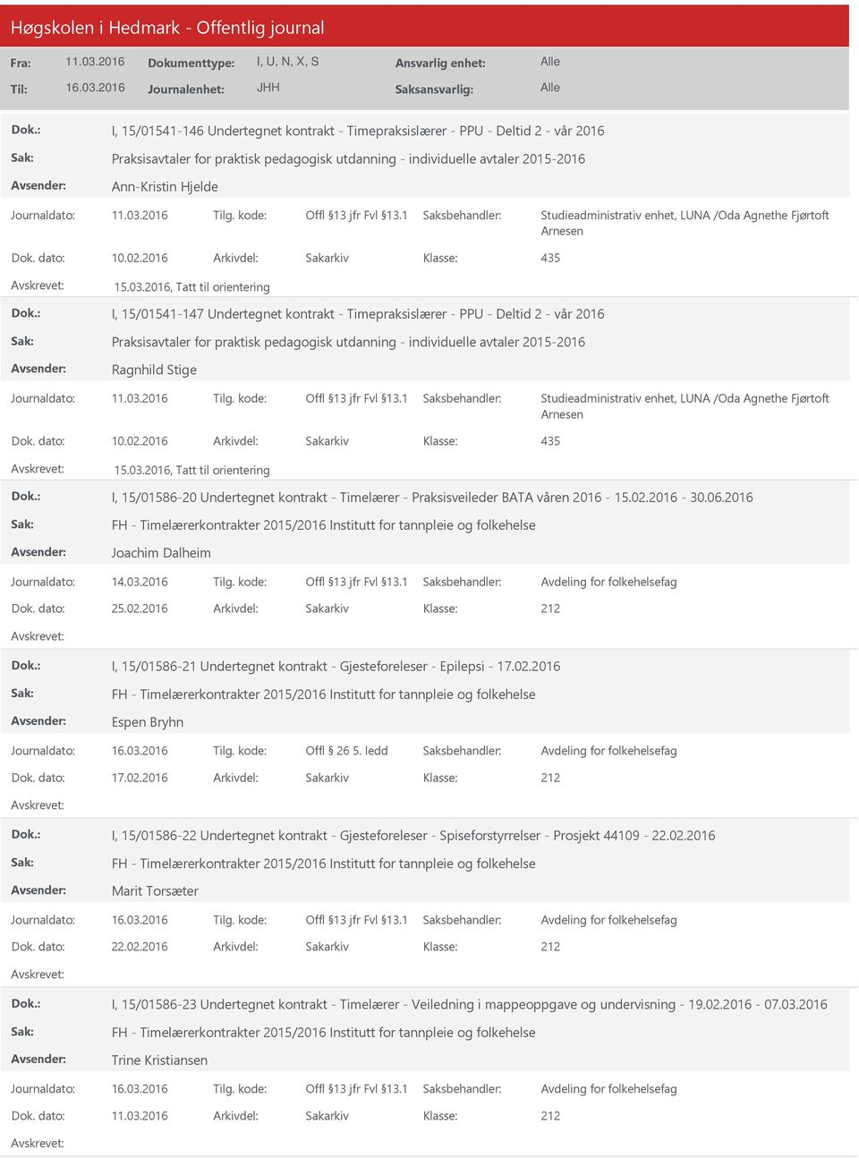 2016, Tatt til orientering I, 15/01541-147 ndertegnet kontrakt - Timepraksislærer - PP - Deltid 2 - vår 2016 Praksisavtaler for praktisk pedagogisk utdanning - individuelle avtaler 2015-2016 Ragnhild