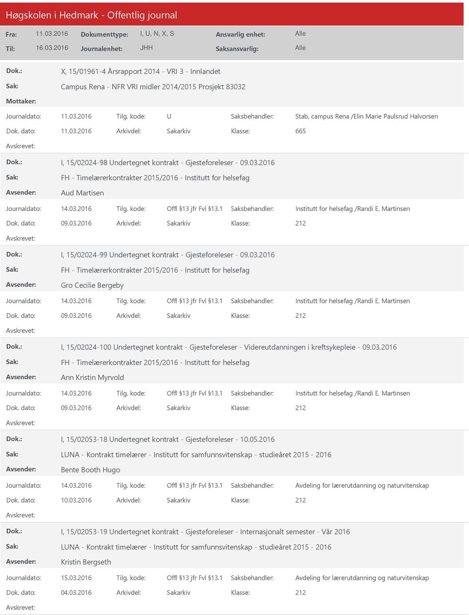 Martinsen Dok. dato: 09.03.2016 Arkivdel: Sakarkiv I, 15/02024-99 ndertegnet kontrakt - Gjesteforeleser - 09.03.2016 FH - Timelærerkontrakter 2015/2016 - Institutt for helsefag Gro Cecilie Bergeby Institutt for helsefag /Randi E.