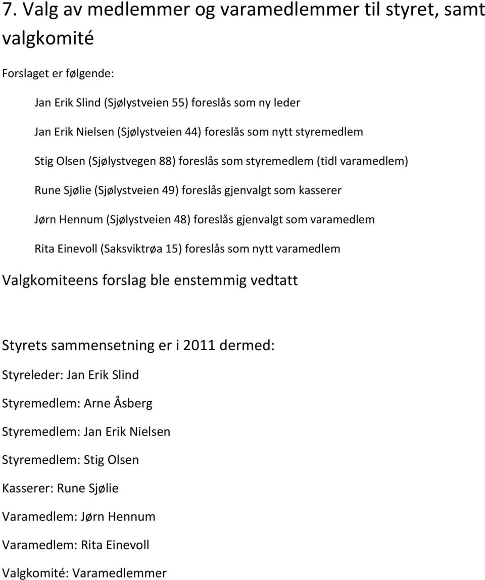 RuneSjølie(Sjølystveien49)foreslåsgjenvalgtsomkasserer JørnHennum(Sjølystveien48)foreslåsgjenvalgtsomvaramedlem RitaEinevoll(Saksviktrøa15)foreslåssomnyttvaramedlem