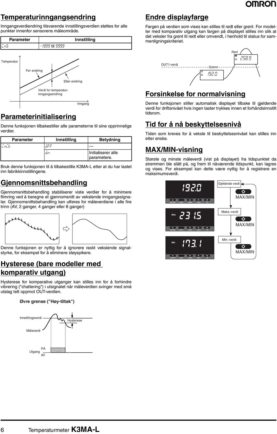 verdier. Parameter Innsling Betydning init off --- on Initialiserer alle parametere. Bruk denne funksjonen å bakesle K3MA-L etter at du har lastet inn fabrikkinnslingene.