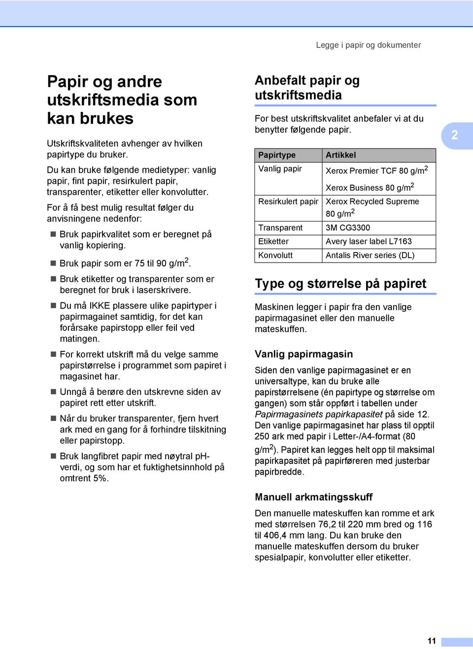 For å få best mulig resultat følger du anvisningene nedenfor: Bruk papirkvalitet som er beregnet på vanlig kopiering. Bruk papir som er 75 til 90 g/m 2.