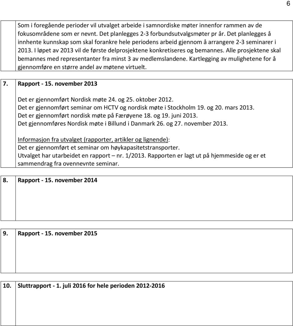 Alle prosjektene skal bemannes med representanter fra minst 3 av medlemslandene. Kartlegging av mulighetene for å gjennomføre en større andel av møtene virtuelt. 7. Rapport - 15.