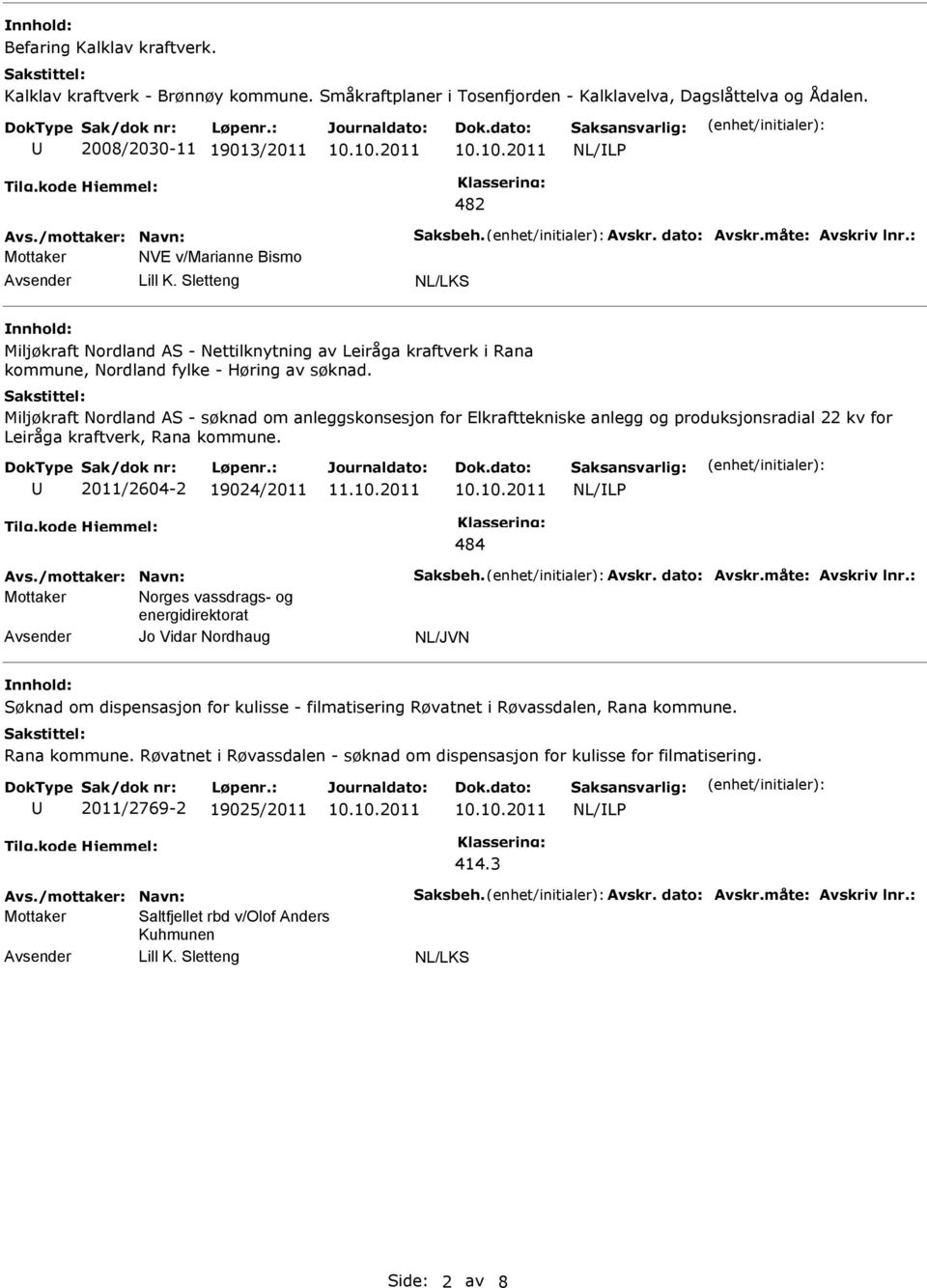 Miljøkraft Nordland AS - søknad om anleggskonsesjon for Elkrafttekniske anlegg og produksjonsradial 22 kv for Leiråga kraftverk, Rana kommune. 2011/2604-2 19024/2011 484 Avs./mottaker: Navn: Saksbeh.