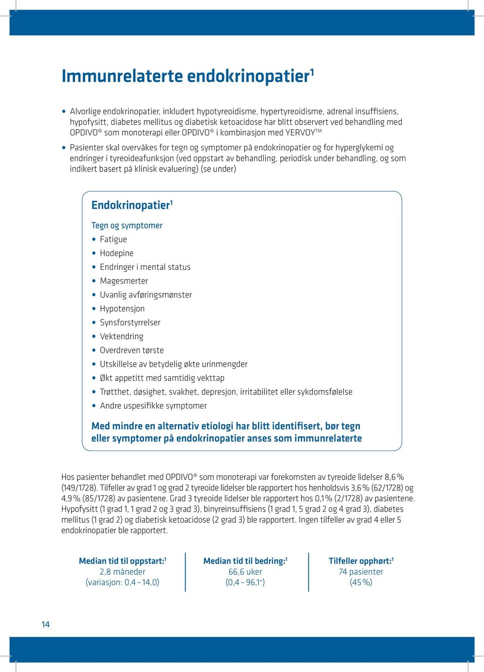 tyreoideafunksjon (ved oppstart av behandling, periodisk under behandling, og som indikert basert på klinisk evaluering) (se under) Endokrinopatier 1 Tegn og symptomer Fatigue Hodepine Endringer i