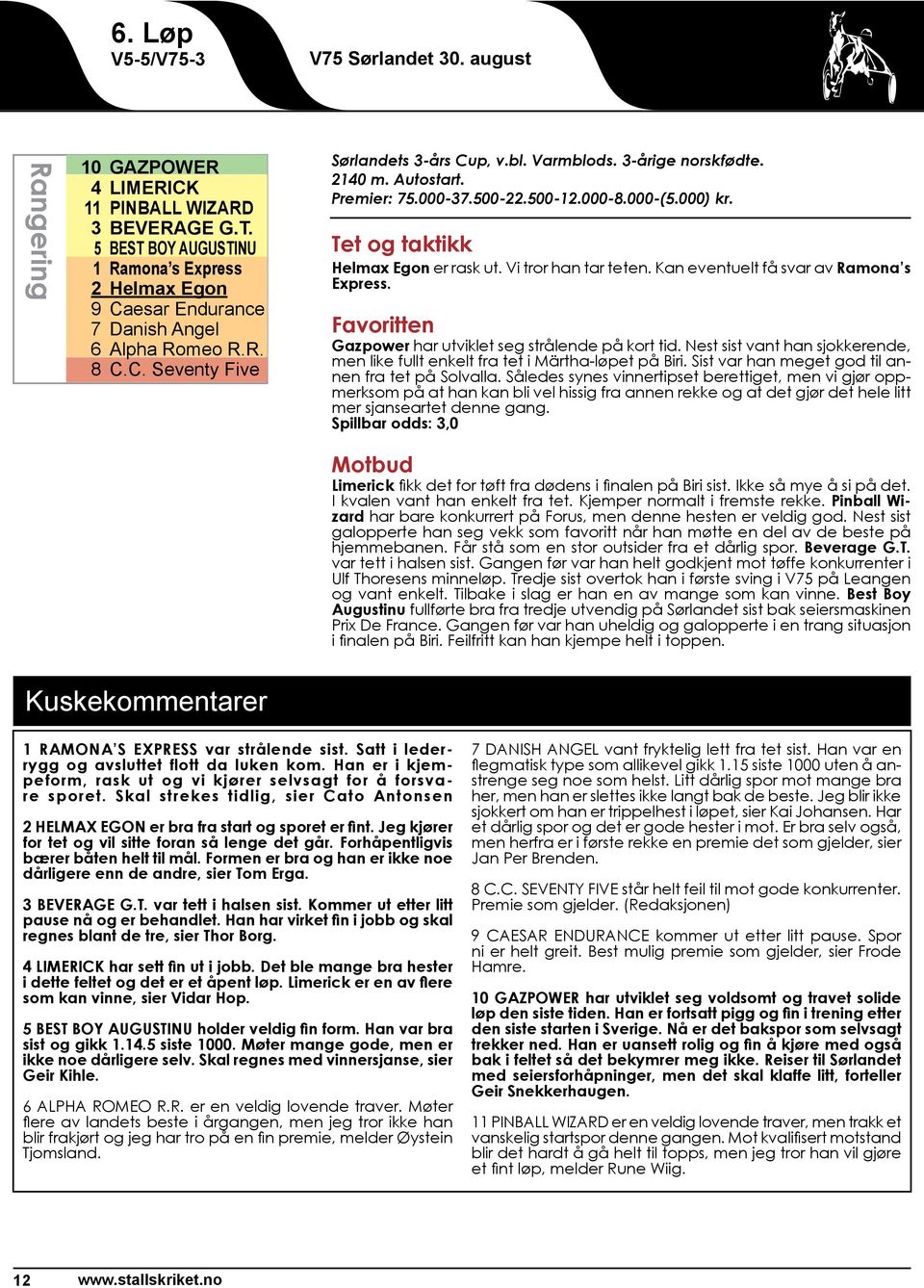 Autostart. Premier: 75.000-37.500-22.500-12.000-8.000-(5.000) kr. Tet og taktikk Helmax Egon er rask ut. Vi tror han tar teten. Kan eventuelt få svar av Ramona s Express.