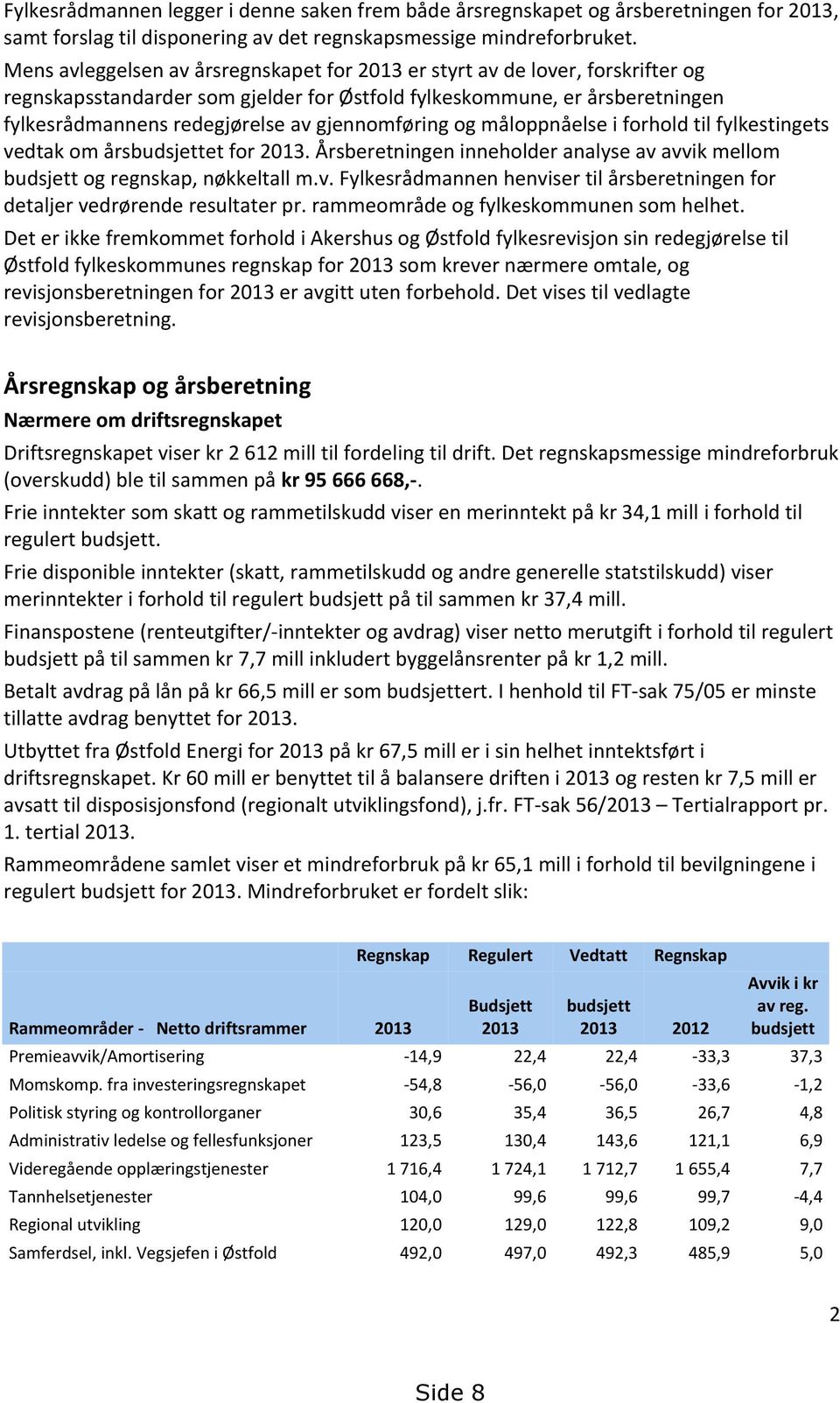 gjennomføring og måloppnåelse i forhold til fylkestingets vedtak om årsbudsjettet for 2013. Årsberetningen inneholder analyse av avvik mellom budsjett og regnskap, nøkkeltall m.v. Fylkesrådmannen henviser til årsberetningen for detaljer vedrørende resultater pr.