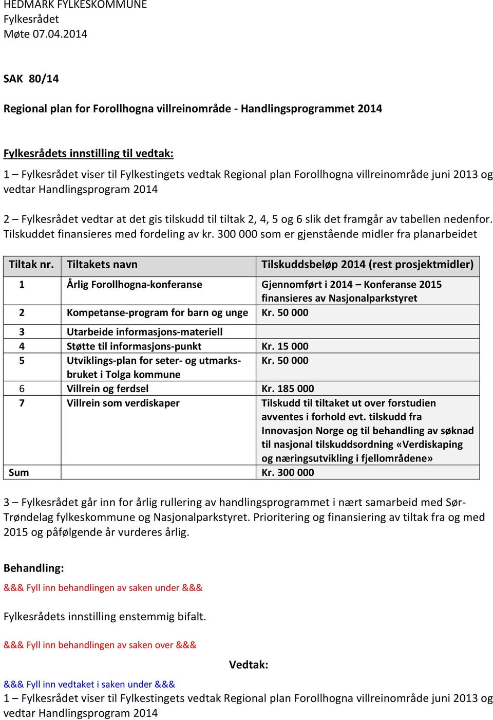 villreinområde juni 2013 og vedtar Handlingsprogram 2014 2 Fylkesrådet vedtar at det gis tilskudd til tiltak 2, 4, 5 og 6 slik det framgår av tabellen nedenfor.