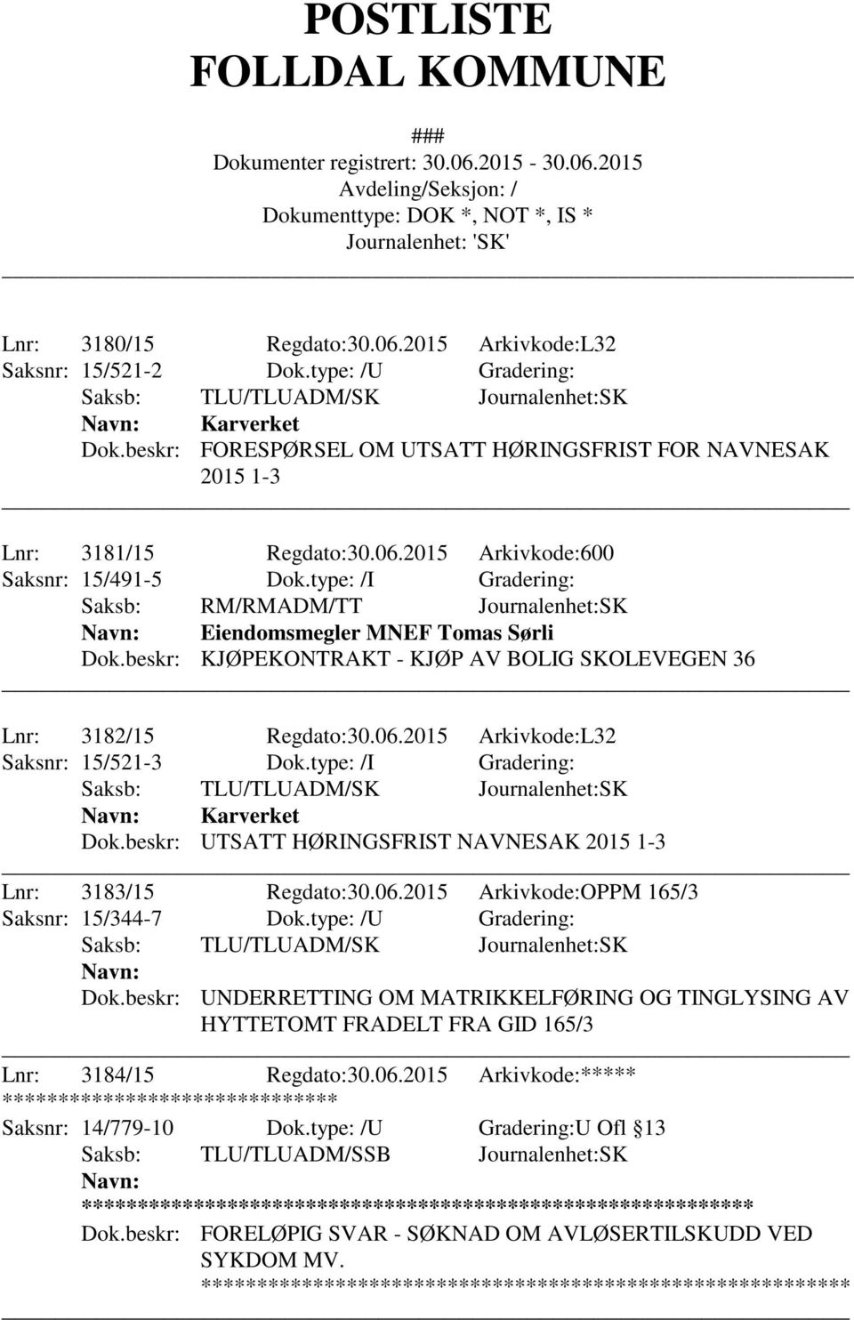 2015 Arkivkode:L32 Saksnr: 15/521-3 Dok.type: /I Gradering: Karverket Dok.beskr: UTSATT HØRINGSFRIST NAVNESAK 2015 1-3 Lnr: 3183/15 Regdato:30.06.2015 Arkivkode:OPPM 165/3 Saksnr: 15/344-7 Dok.