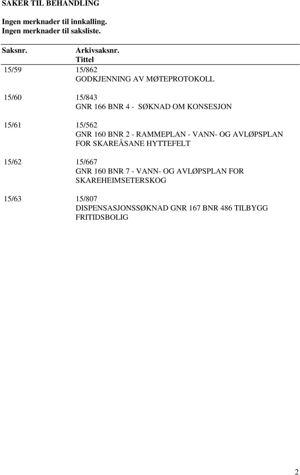 15/562 GNR 160 BNR 2 - RAMMEPLAN - VANN- OG AVLØPSPLAN FOR SKAREÅSANE HYTTEFELT 15/62 15/667 GNR 160 BNR 7