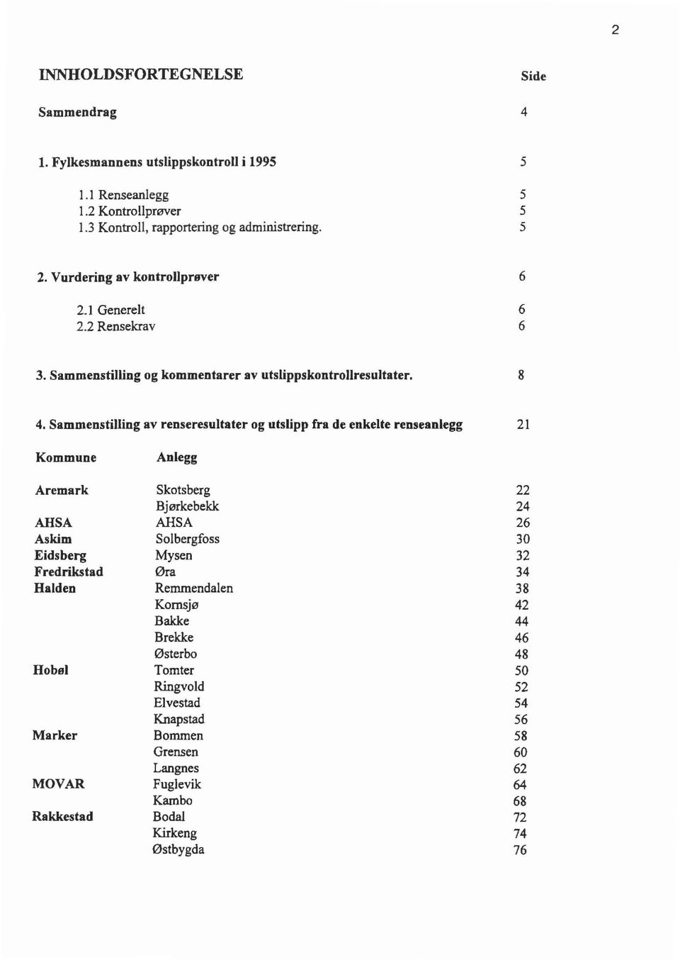 Sammenstiing av renseresutater og utsipp fra de enkete renseanegg 21 Kommune Aremark AHSA Askim Eidsberg Fredrikstad Haden Hobø Marker MOVAR Rakkestad Anegg Skotsberg