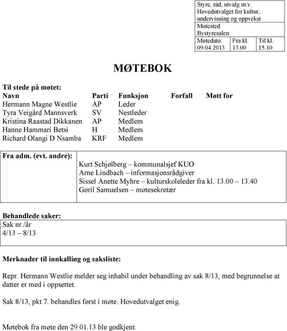 Richard Olangi D Nsamba KRF Medlem Fra adm. (evt. andre): Kurt Schjølberg kommunalsjef KUO Arne Lindbach informasjonsrådgiver Sissel Anette Myhre kulturskoleleder fra kl. 13.00 13.