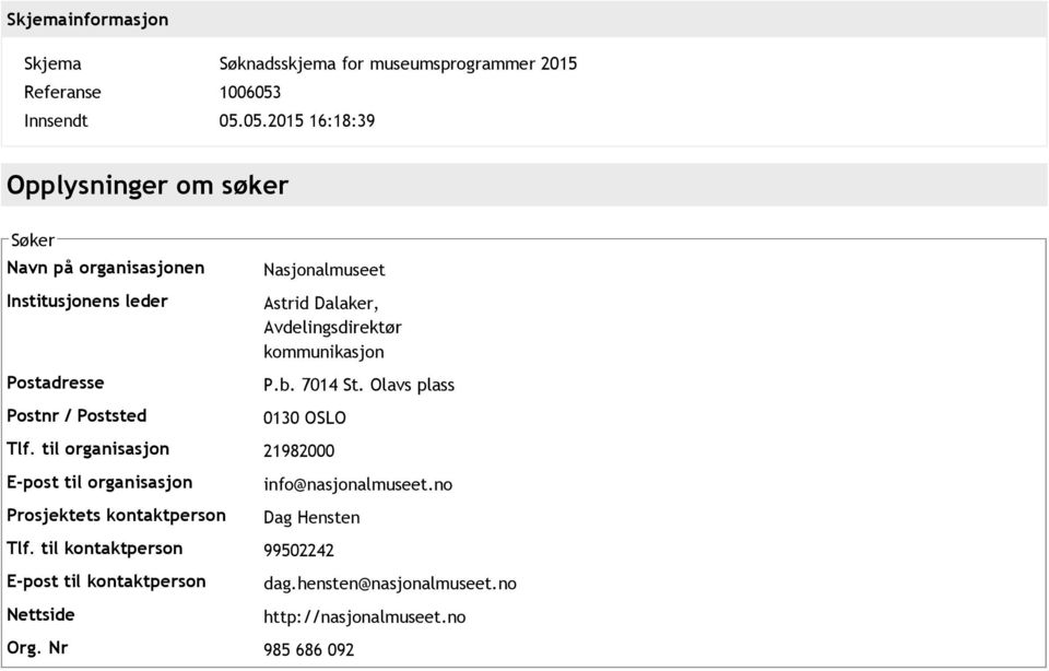 05.2015 16:18:39 Opplysninger om søker Søker Navn på organisasjonen Institusjonens leder Postadresse Postnr / Poststed Nasjonalmuseet Astrid