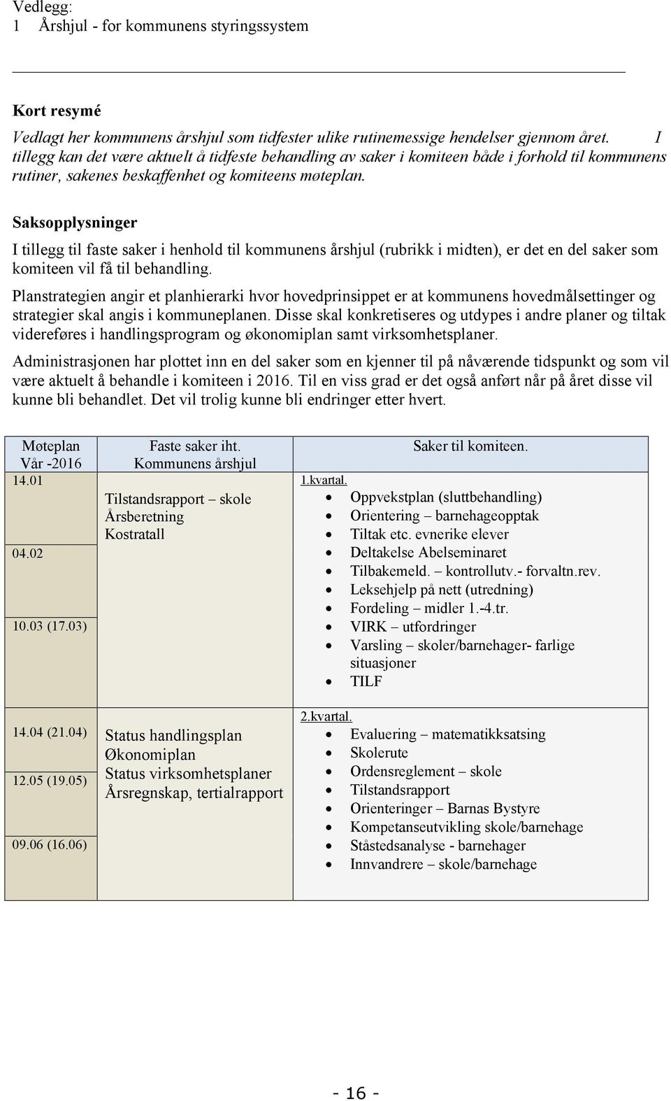 Saksopplysninger I tillegg til faste saker i henhold til kommunens årshjul (rubrikk i midten), er det en del saker som komiteen vil få til behandling.