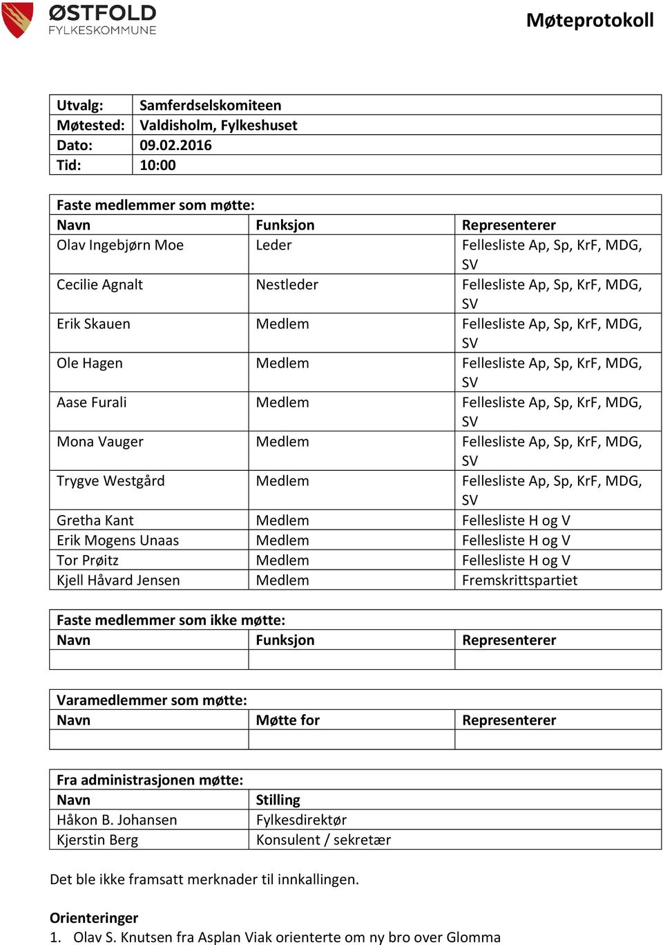 Fellesliste Ap, Sp, KrF, MDG, Ole Hagen Medlem Fellesliste Ap, Sp, KrF, MDG, Aase Furali Medlem Fellesliste Ap, Sp, KrF, MDG, Mona Vauger Medlem Fellesliste Ap, Sp, KrF, MDG, Trygve Westgård Medlem