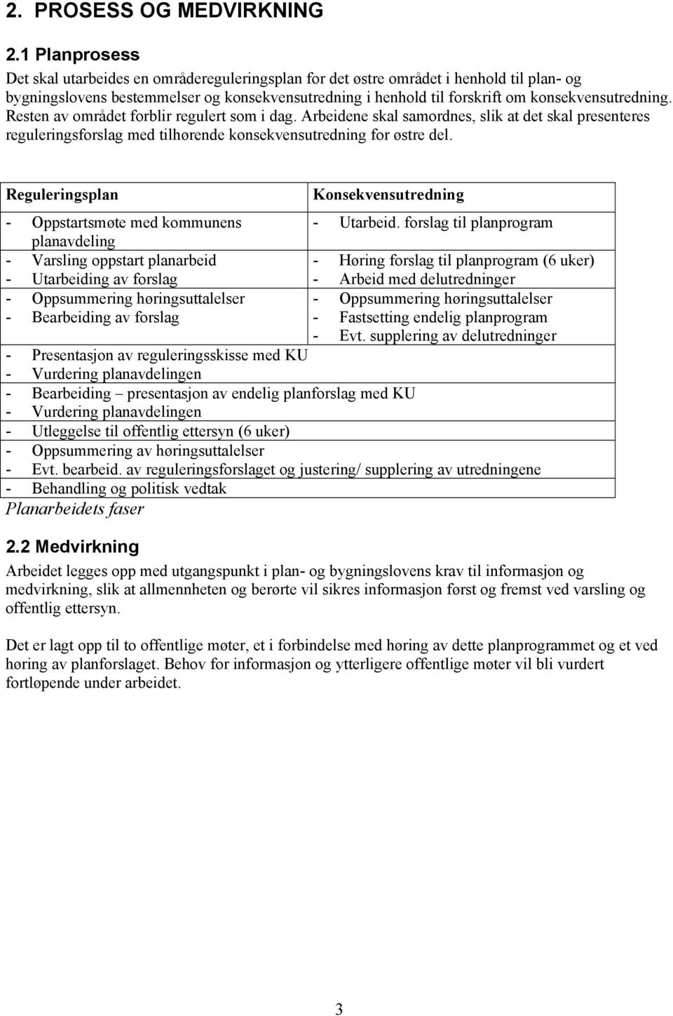 konsekvensutredning. Resten av området forblir regulert som i dag. Arbeidene skal samordnes, slik at det skal presenteres reguleringsforslag med tilhørende konsekvensutredning for østre del.