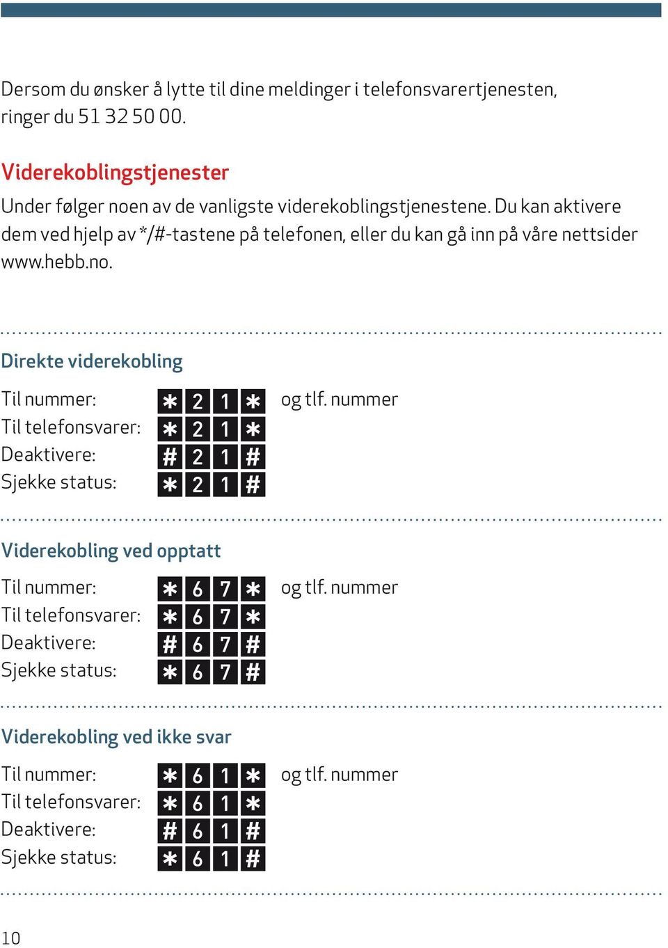 Du kan aktivere dem ved hjelp av */#- tastene på telefonen, eller du kan gå inn på våre nettsider www.hebb.no.