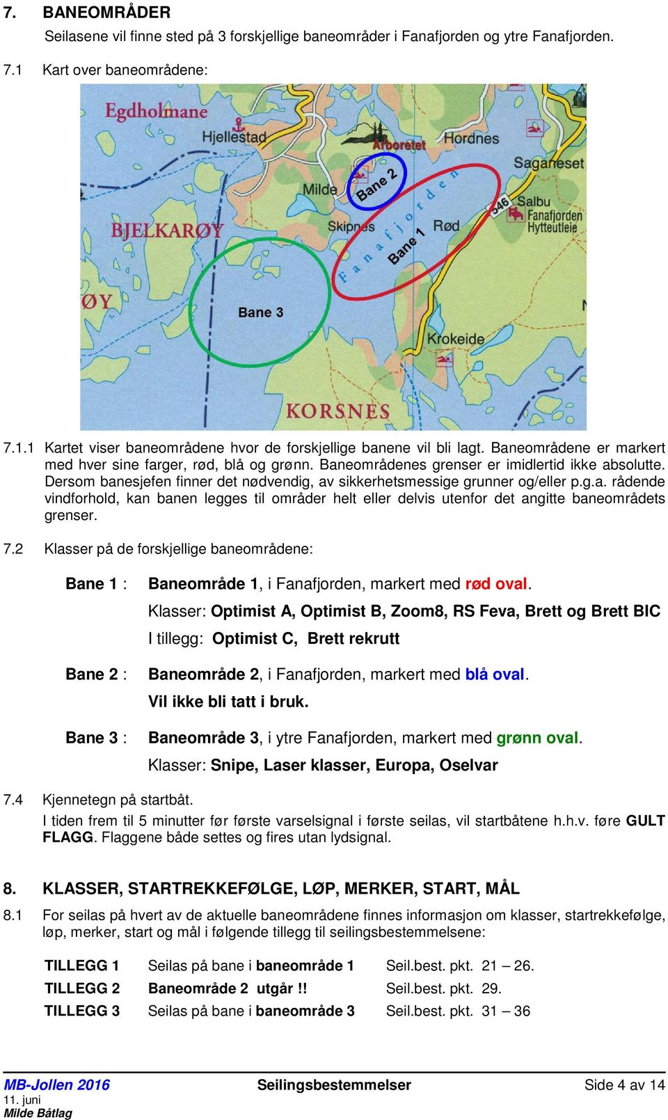 7.2 Klasser på de forskjellige baneområdene: Bane 1 : Bane 2 : Bane 3 : Baneområde 1, i Fanafjorden, markert med rød oval.
