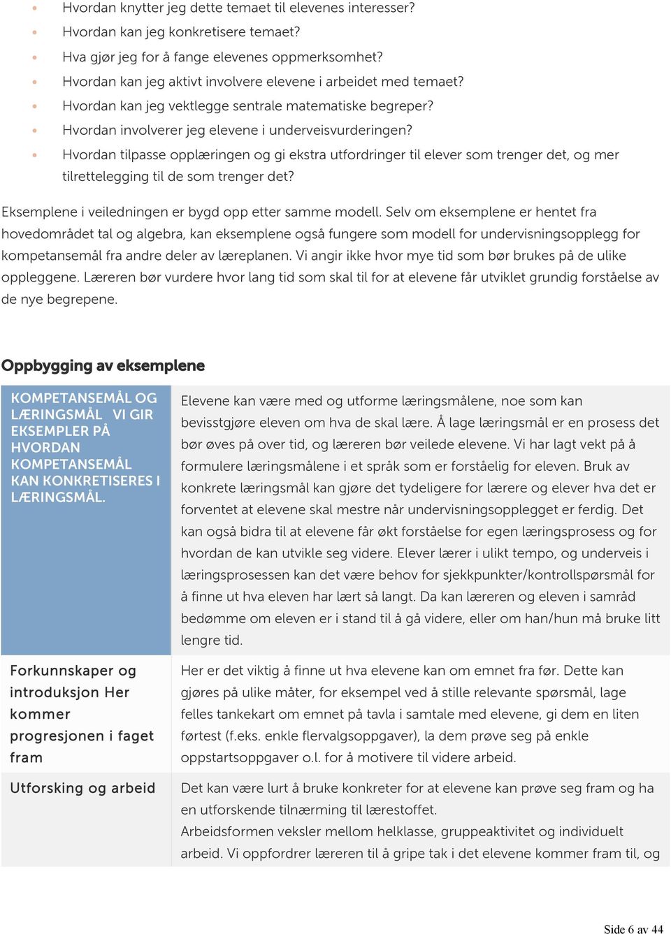 Hvordan tilpasse opplæringen og gi ekstra utfordringer til elever som trenger det, og mer tilrettelegging til de som trenger det? Eksemplene i veiledningen er bygd opp etter samme modell.