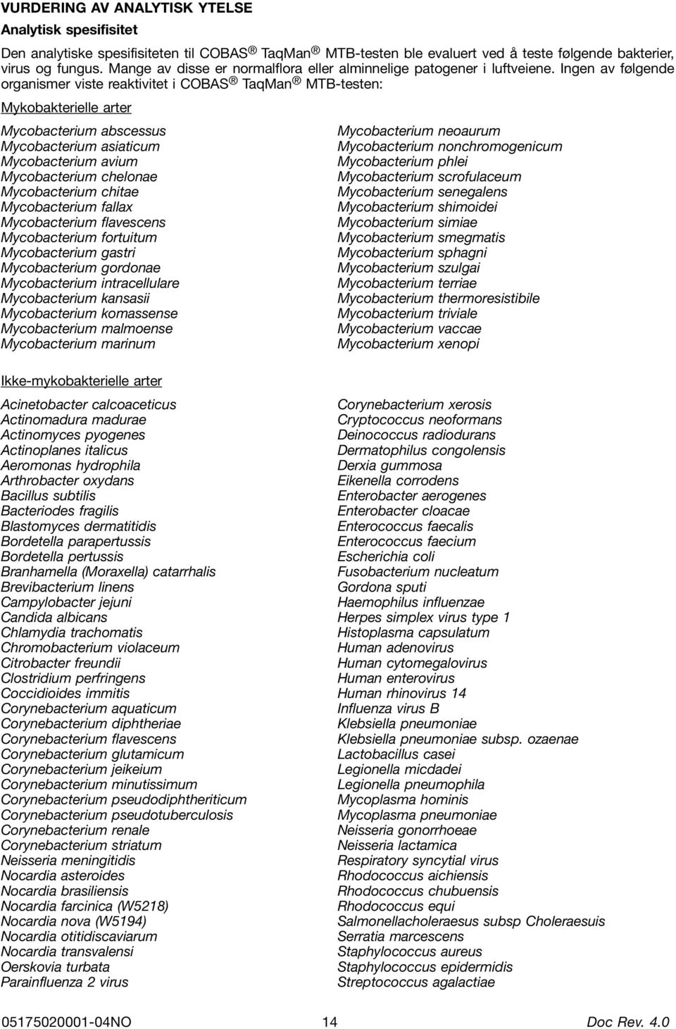 Ingen av følgende organismer viste reaktivitet i COBAS TaqMan MTB-testen: Mykobakterielle arter Mycobacterium abscessus Mycobacterium neoaurum Mycobacterium asiaticum Mycobacterium nonchromogenicum