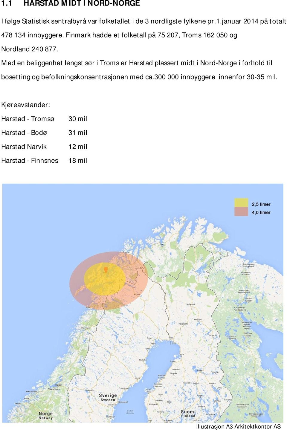 Med en beliggenhet lengst sør i Troms er Harstad plassert midt i Nord-Norge i forhold til bosetting og befolkningskonsentrasjonen med