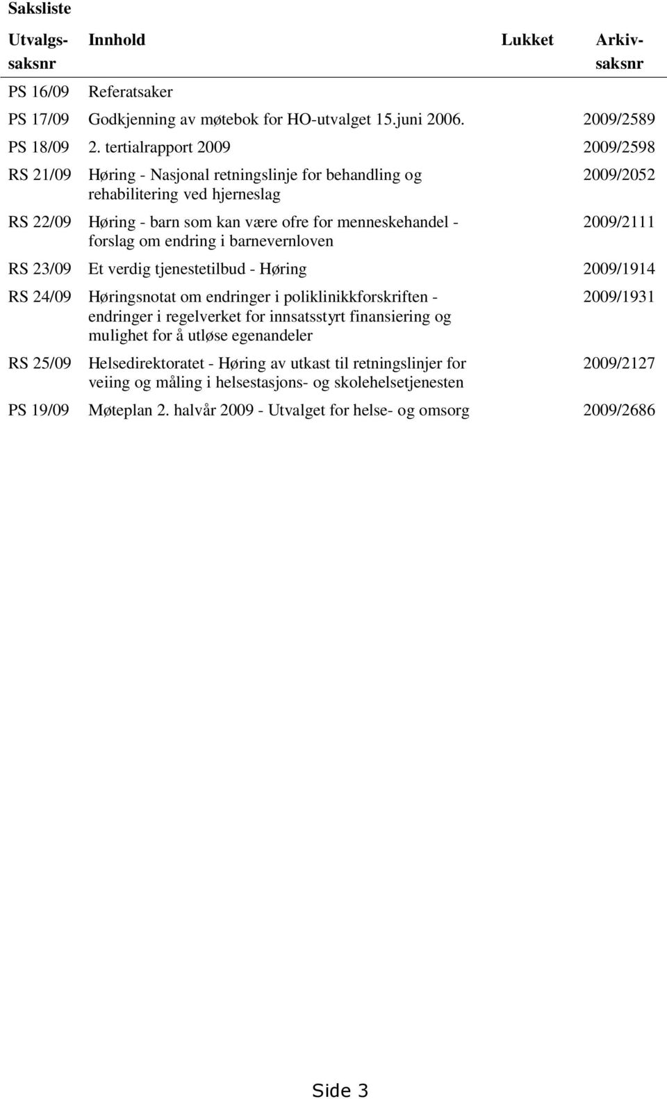 i barnevernloven 2009/2052 2009/2111 RS 23/09 Et verdig tjenestetilbud - Høring 2009/1914 RS 24/09 Høringsnotat om endringer i poliklinikkforskriften - endringer i regelverket for innsatsstyrt