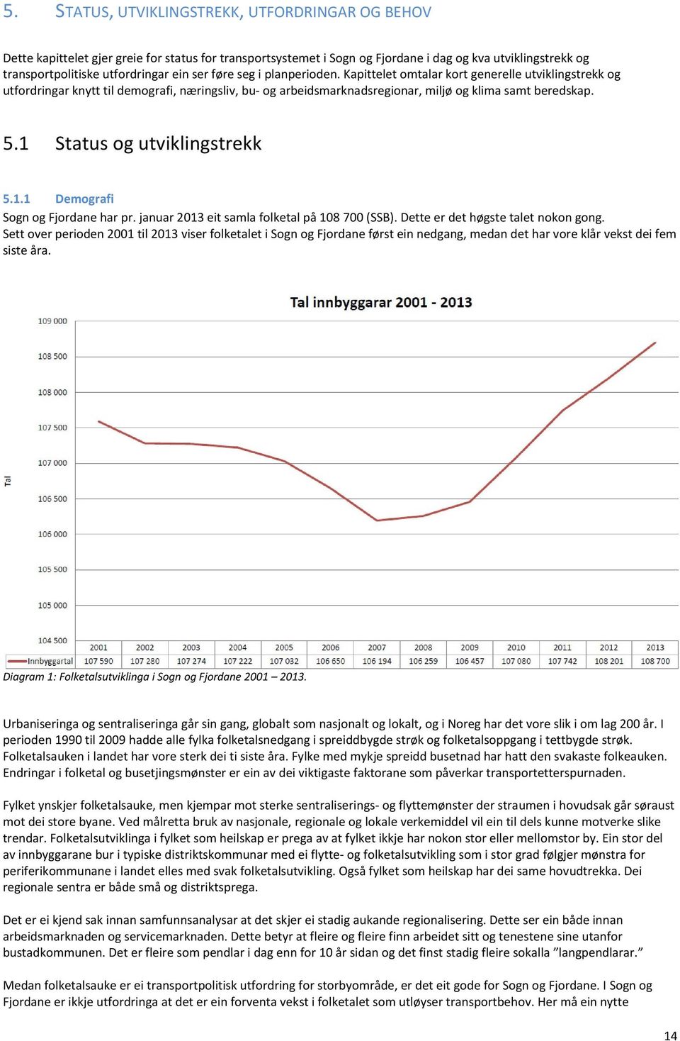 1 Status og utviklingstrekk 5.1.1 Demografi Sogn og Fjordane har pr. januar 2013 eit samla folketal på 108 700 (SSB). Dette er det høgste talet nokon gong.