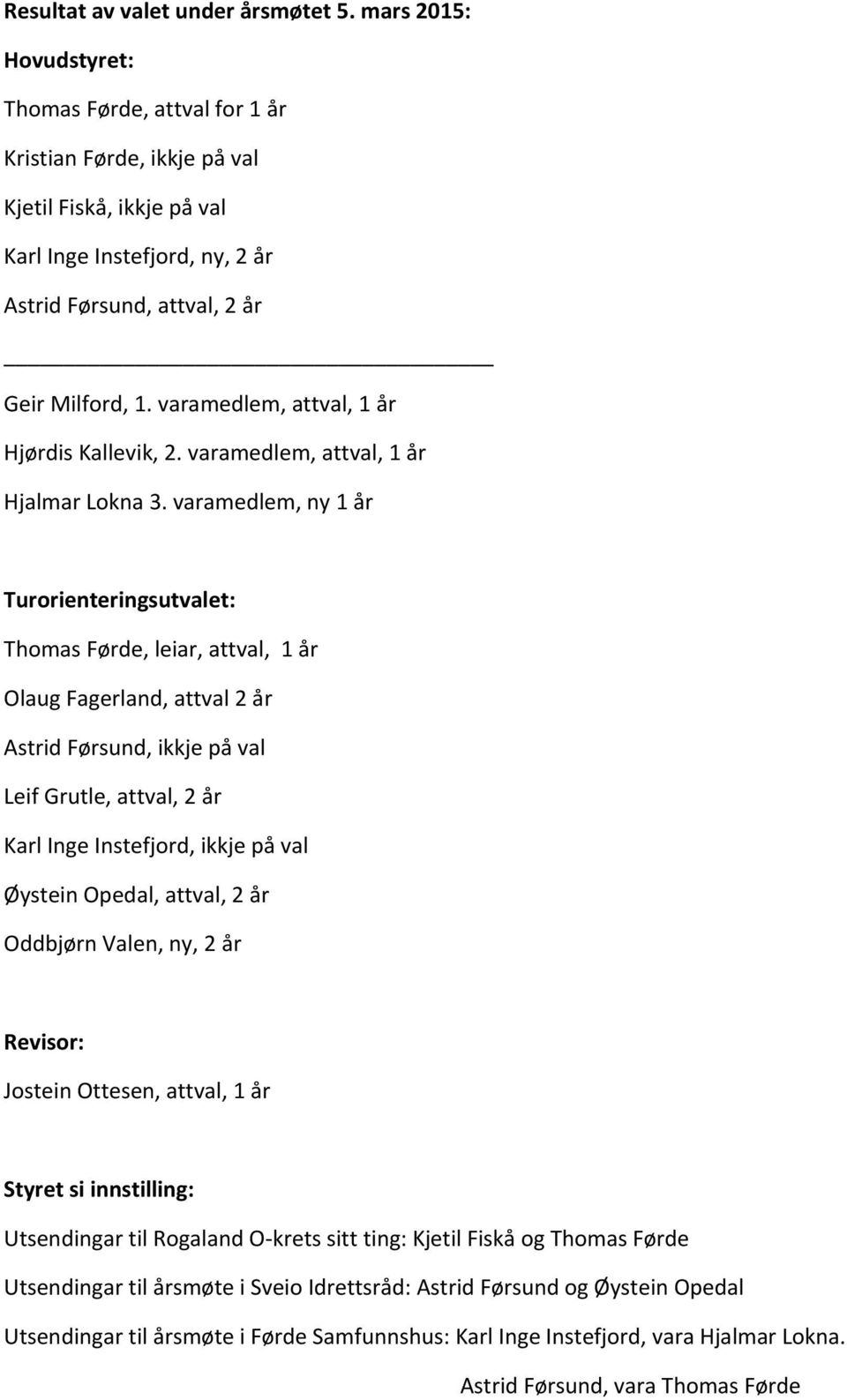 varamedlem, attval, 1 år Hjørdis Kallevik, 2. varamedlem, attval, 1 år Hjalmar Lokna 3.